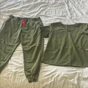 FIGS olive  Green Scrub Set with watermelon Accent